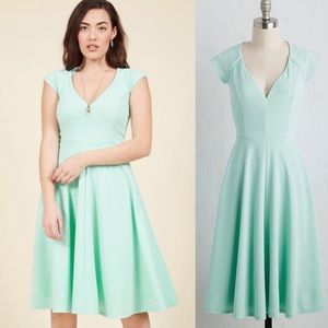 Aqua Cap Sleeve Midi A-Line Dress